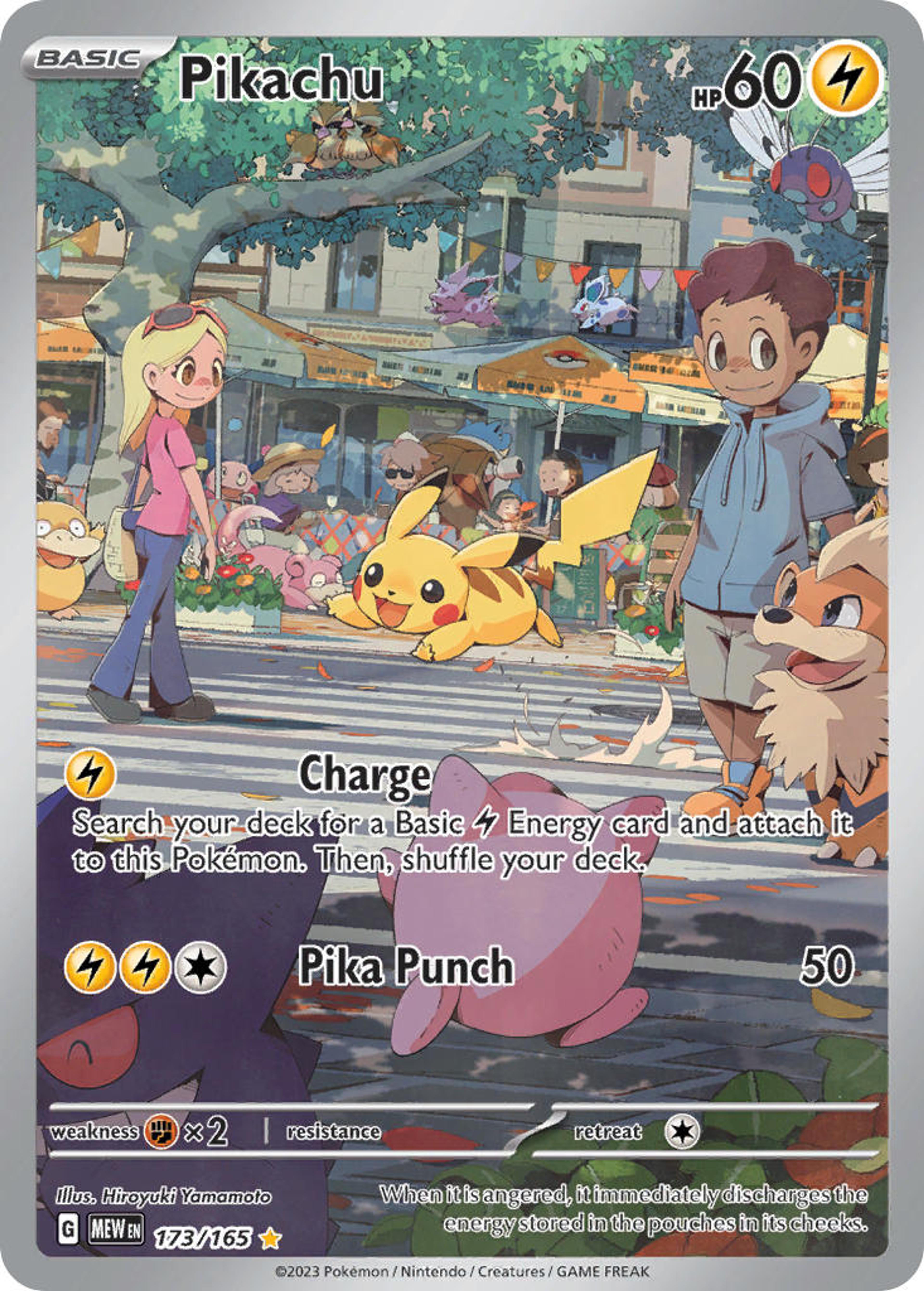 Pikachu 173/165 illustrated by Hiroyuki Yamamoto: Pikachu crawling across a busy town crosswalk, surrounded by people and Pokémon including Psyduck, Slowpoke, Growlithe and Jigglypuff.