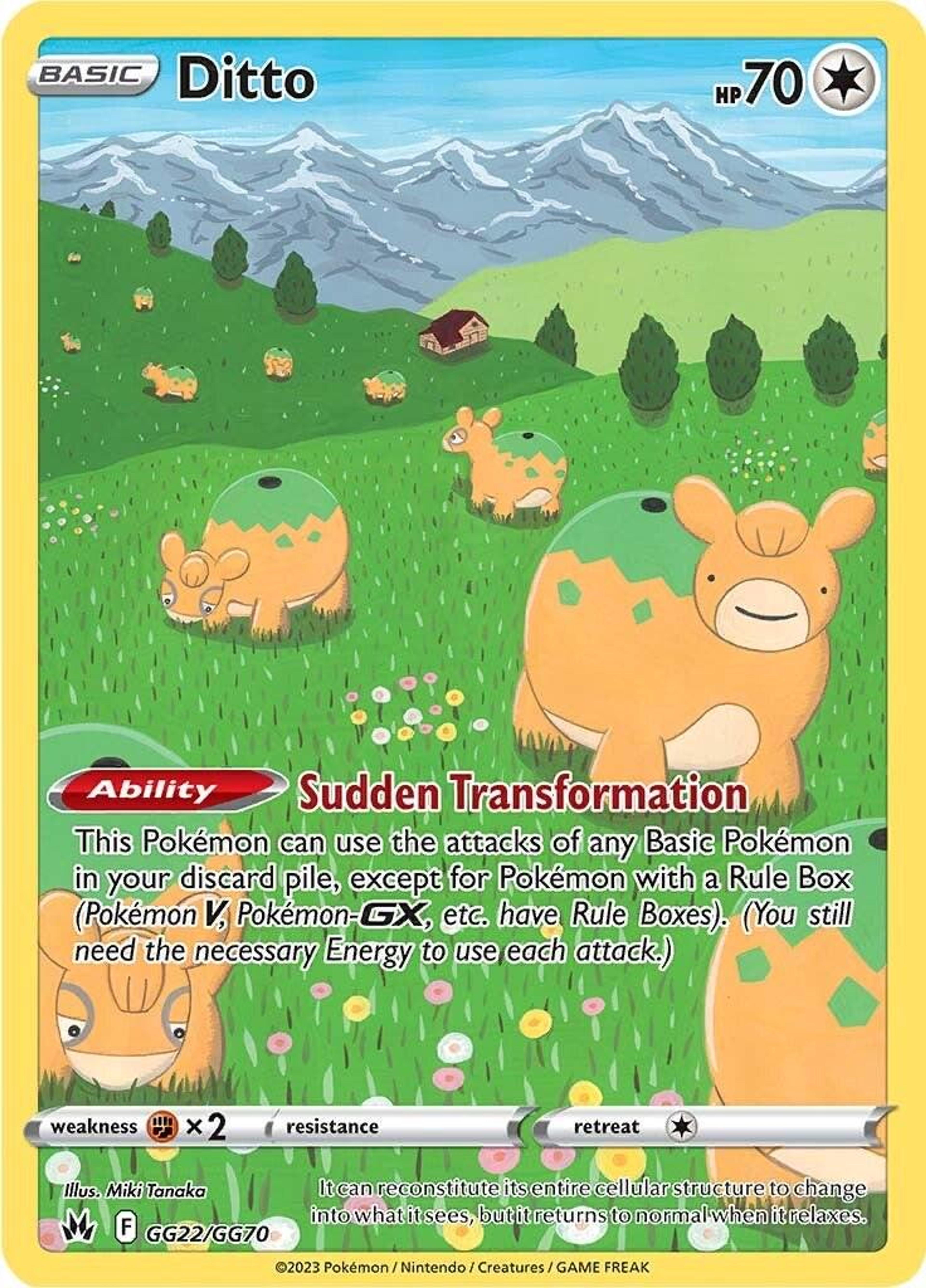 Ditto GG22: a green meadow full of Pokémon that all have Ditto's blank face, revealing them as transformed Dittos.