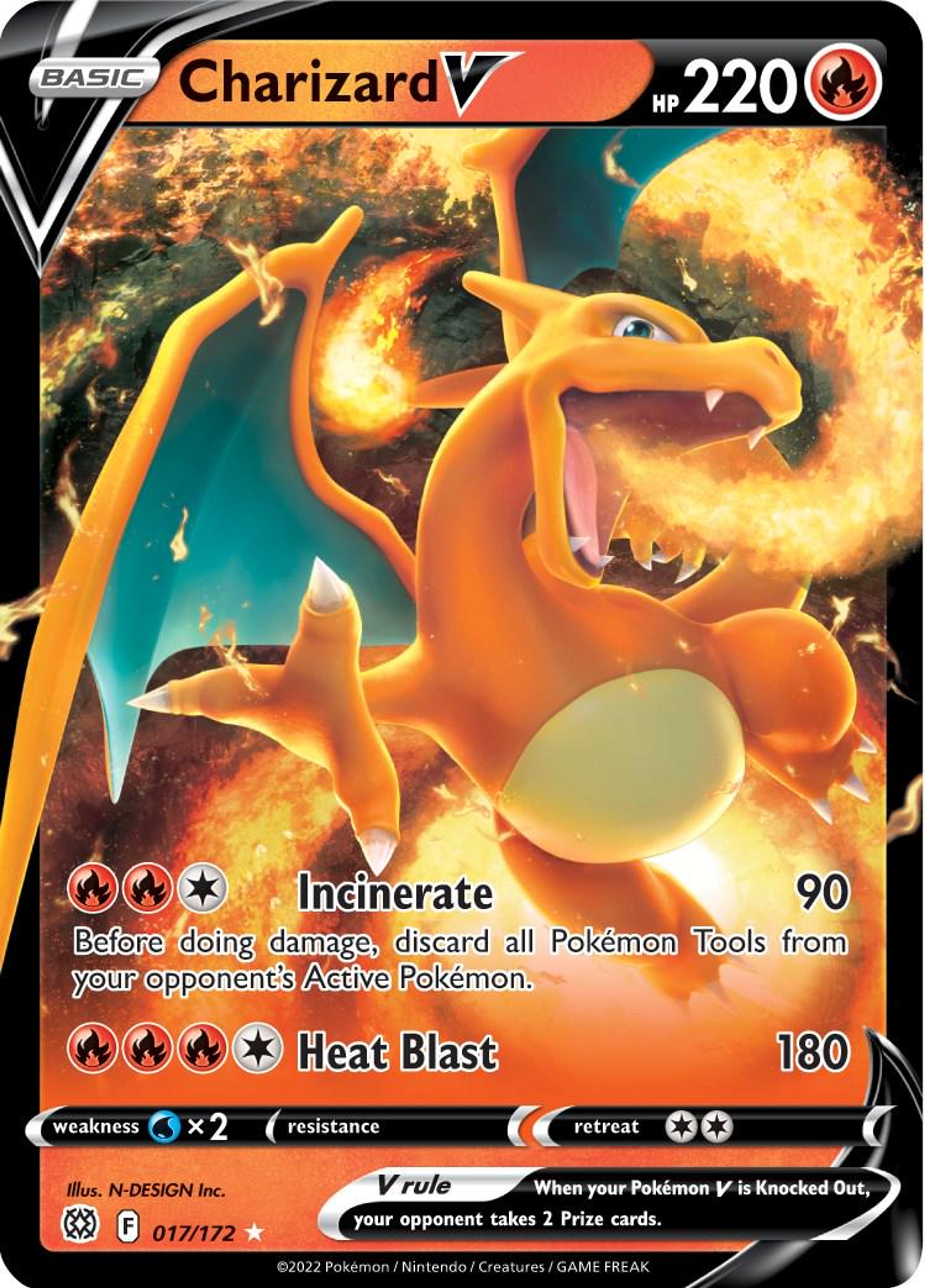 Charizard V 17/172: a 3D-rendered orange Charizard breathing fire against a black background.