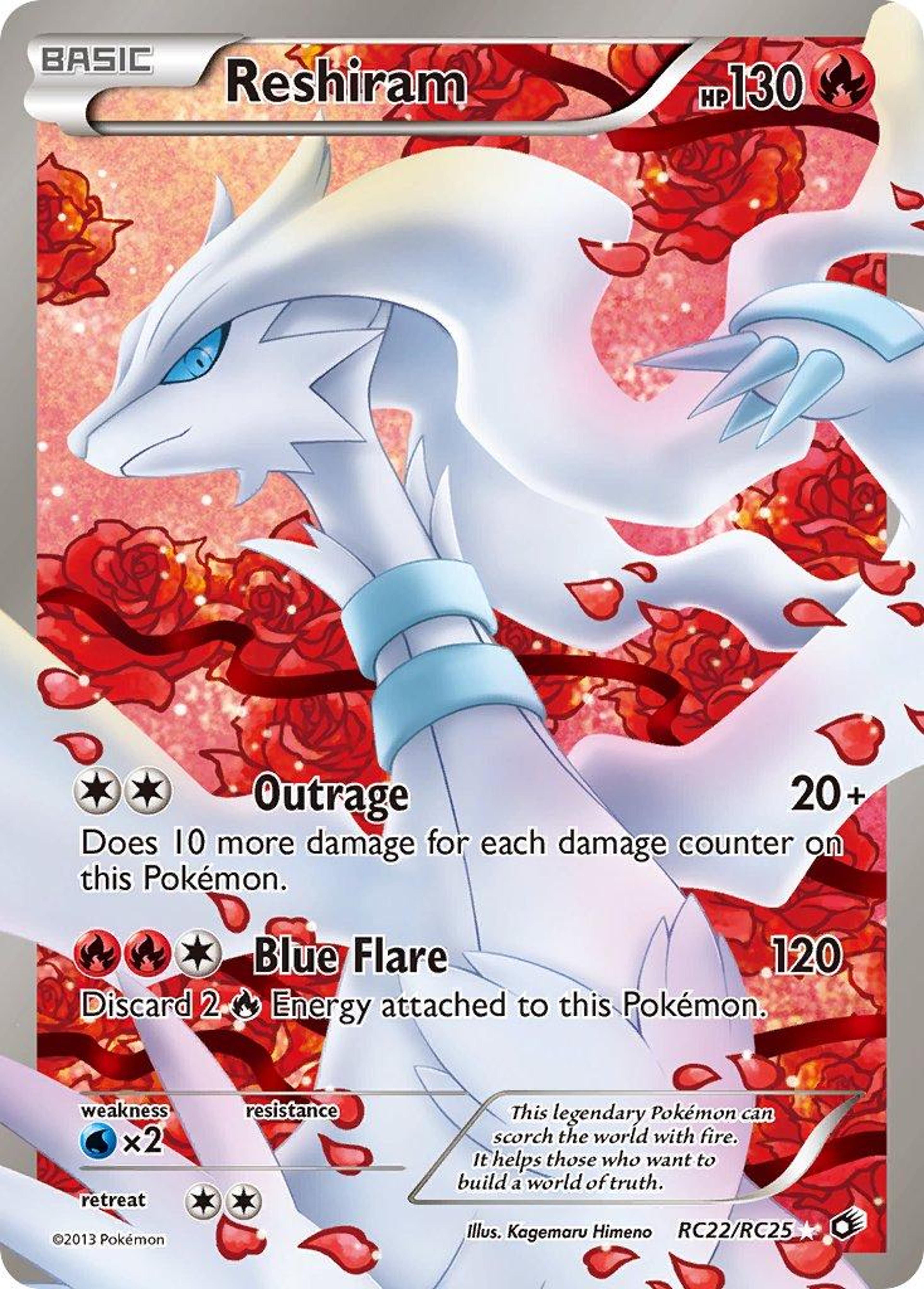 Reshiram RC22/RC25 by Kagemaru Himeno: a white dragon across the full card, on a field of red roses and falling petals.