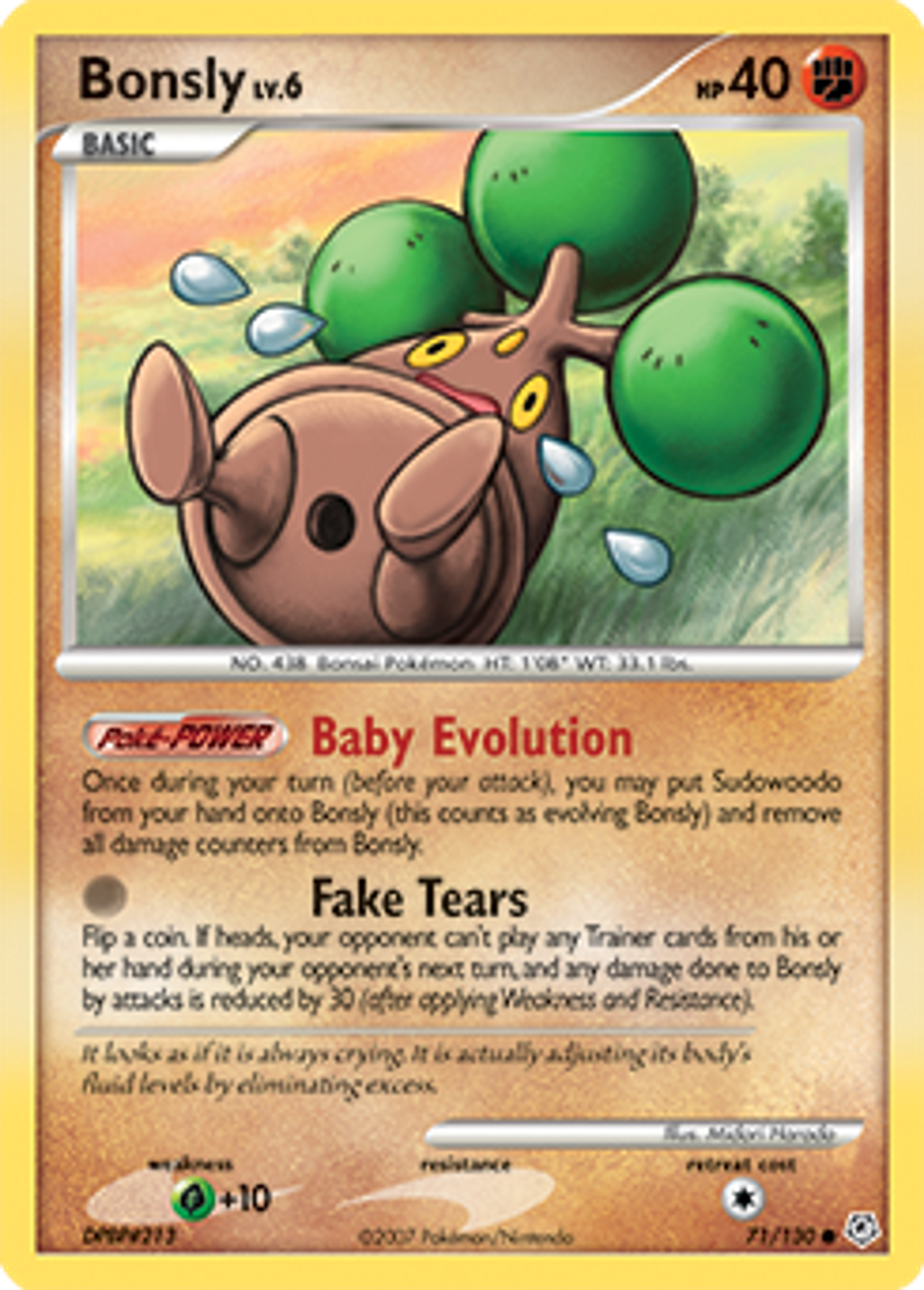 Bonsly 71/108: a small tree Pokémon crying, with tears flying off in several directions.