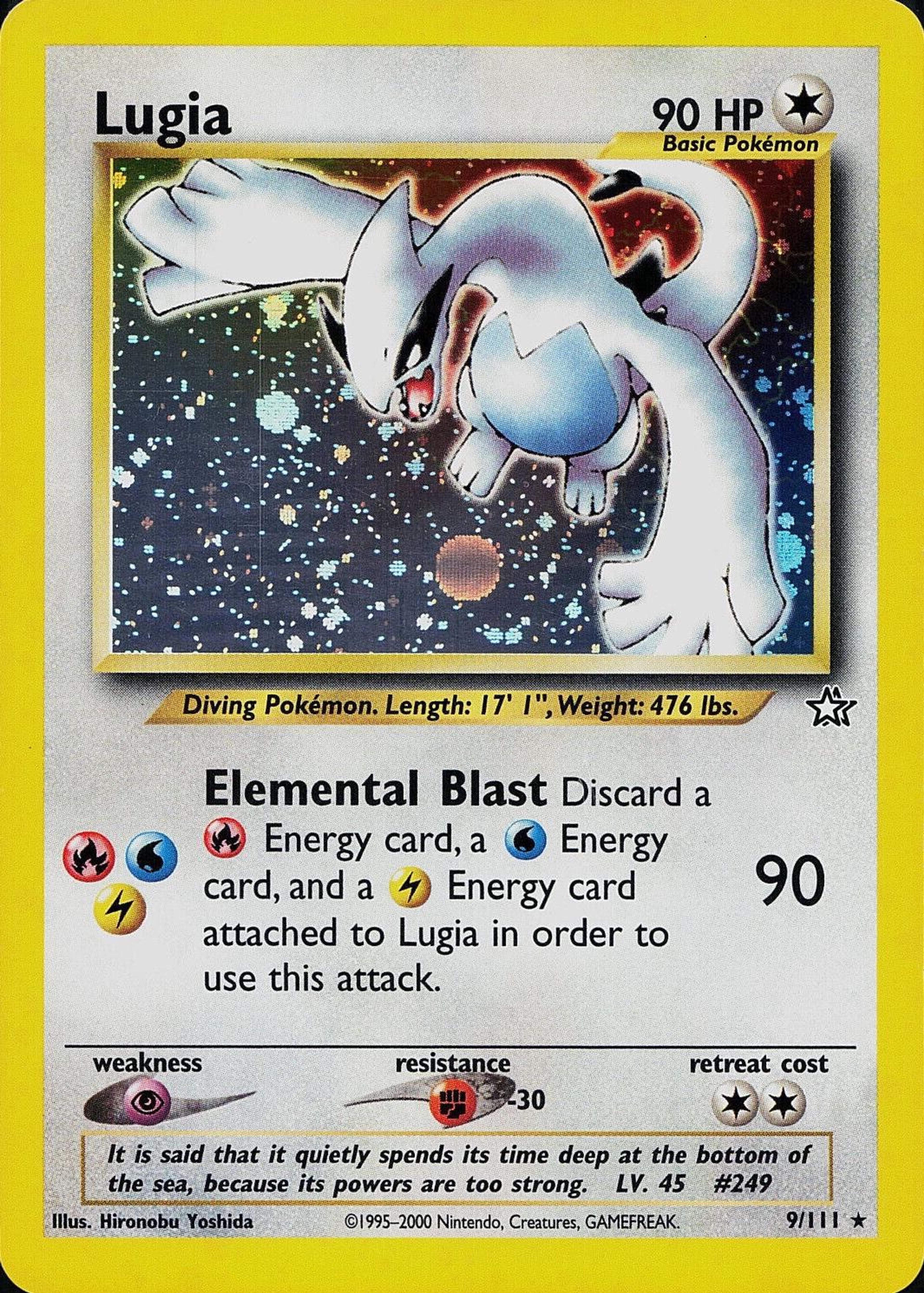 Lugia 9/111 aus Neo Genesis, illustriert von Hironobu Yoshida: ein weißes Lugia breitet seine Flügel über einen dunklen Holo-Sternenhimmel aus.
