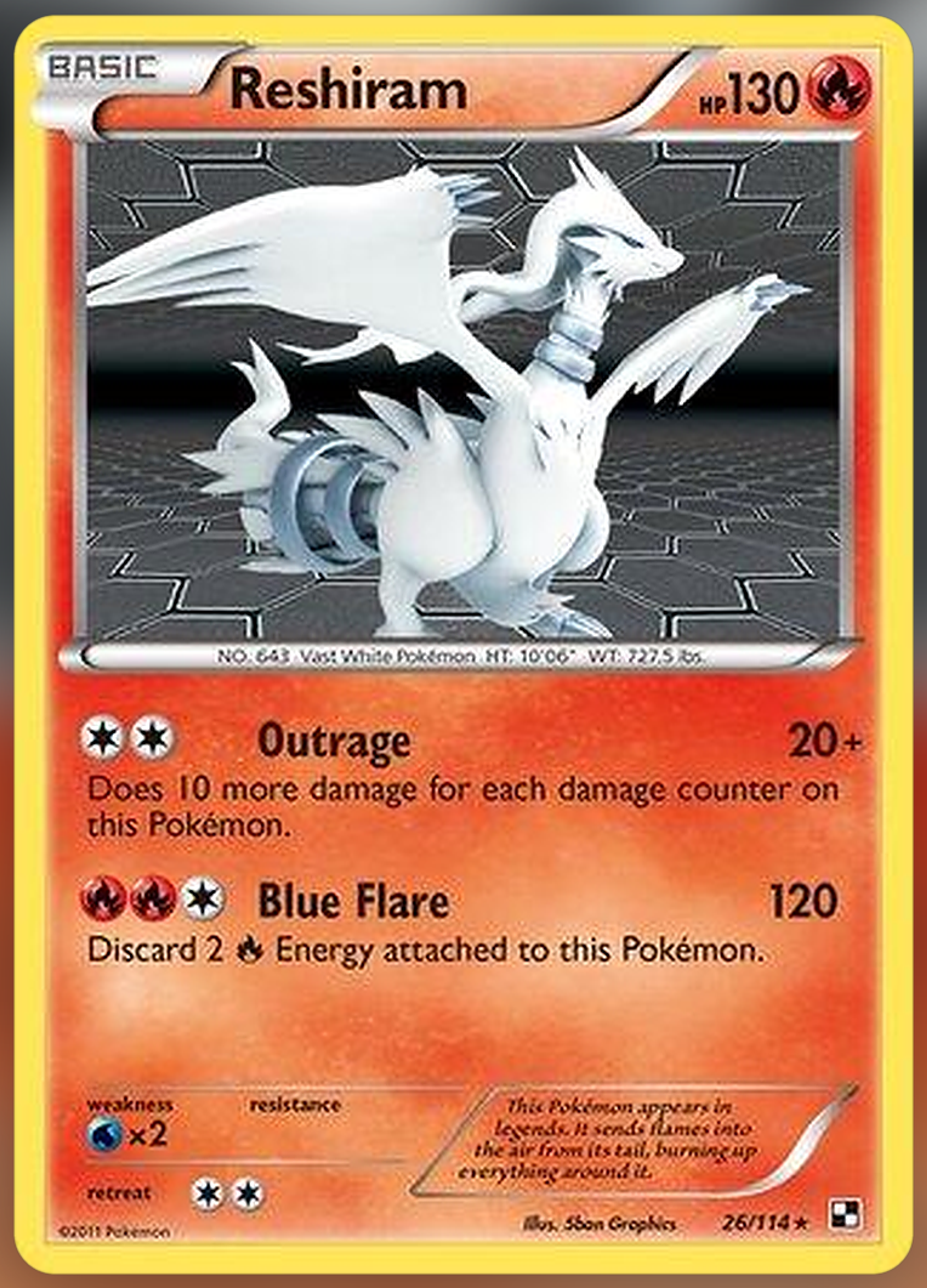 Reshiram 26/114, the matching white dragon from the same set and illustrator, on the same hexagonal field.
