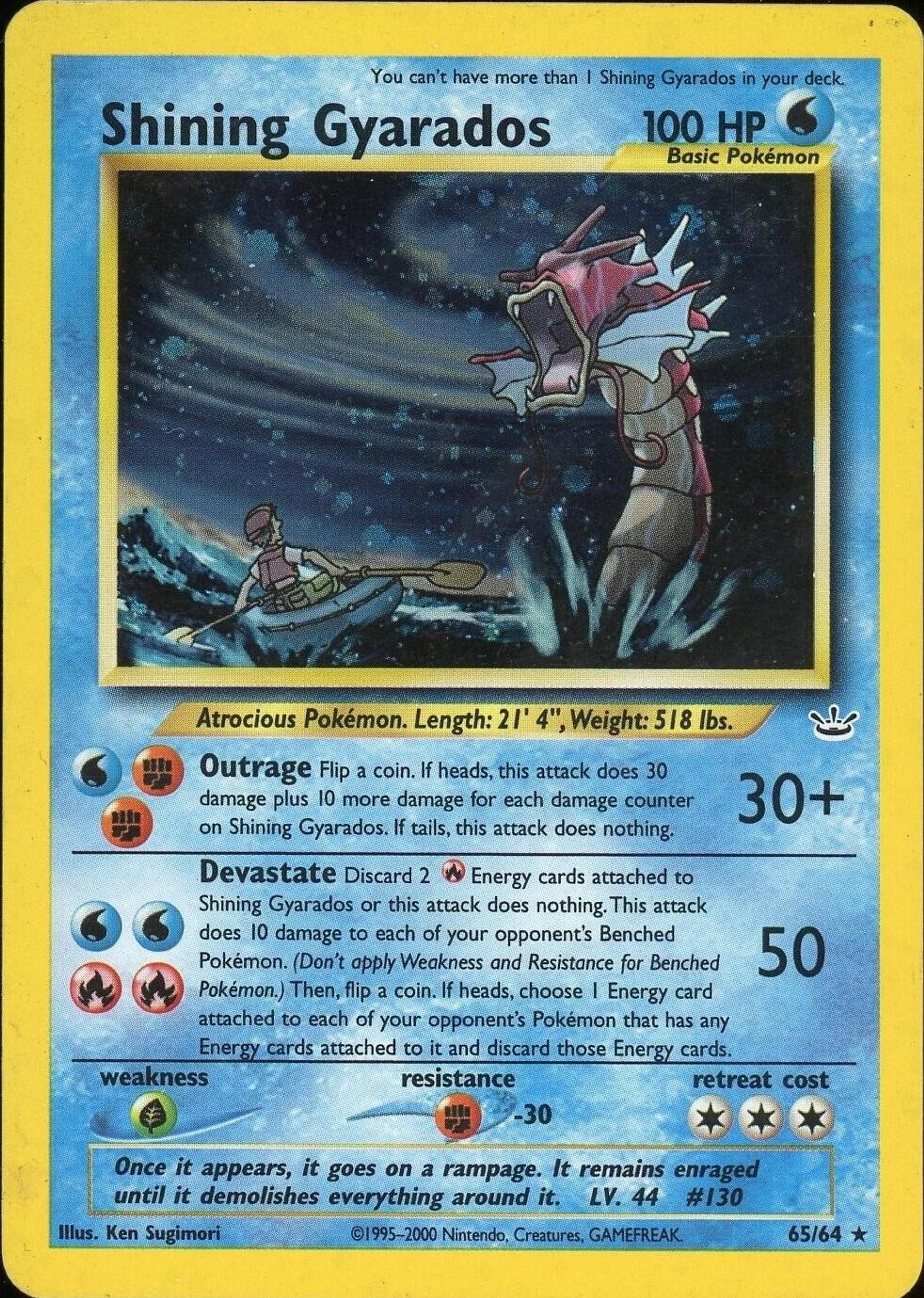 Shining Gyarados 65/64, illustriert von Ken Sugimori: ein rotes Garados steigt aus einem sturmgepeitschten Meer neben einer Person im Kajak.