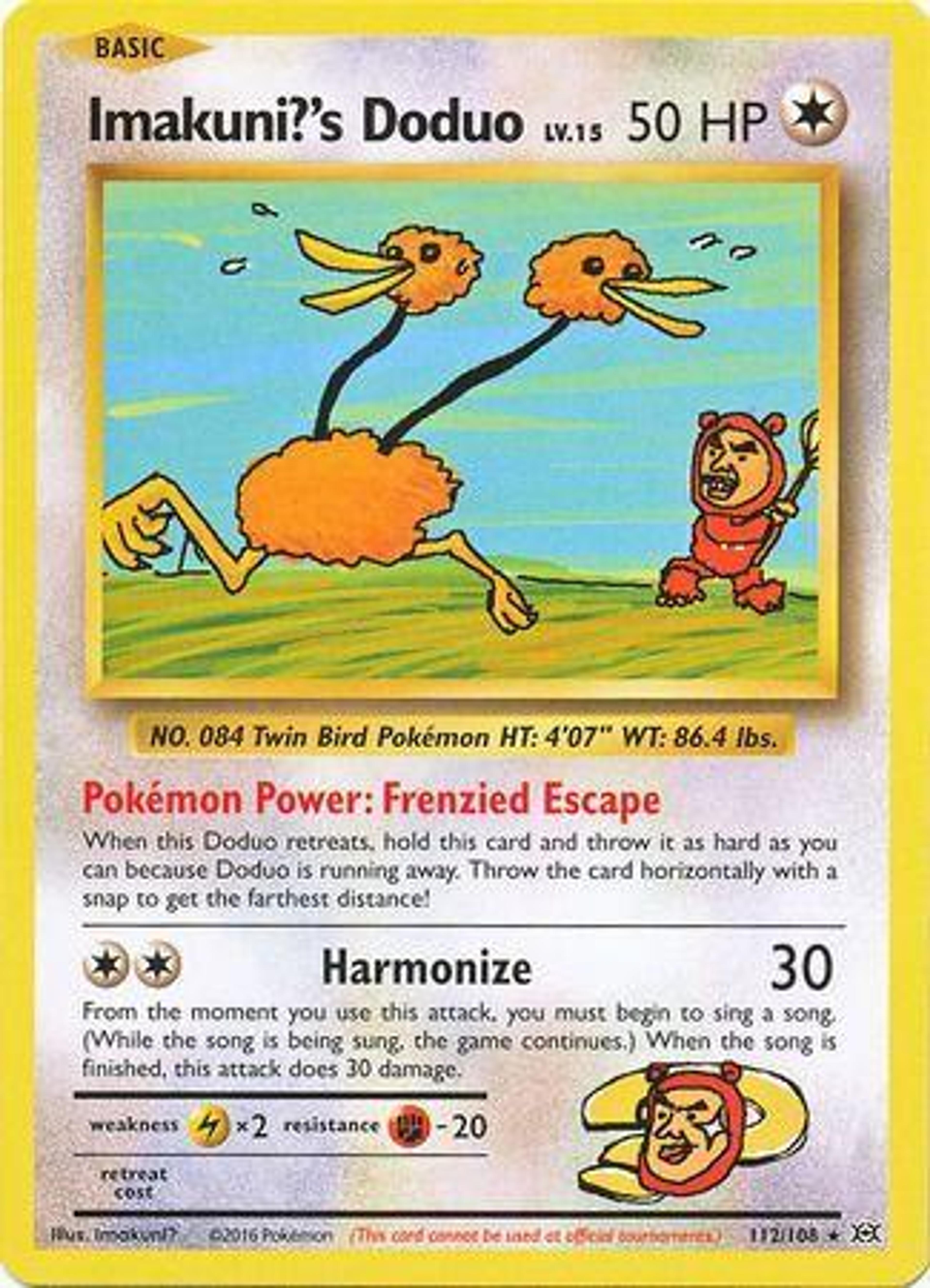 Imakuni?'s Doduo 112/108: a cartoon Doduo running away while a small character chases it, drawn in a deliberately crude style.