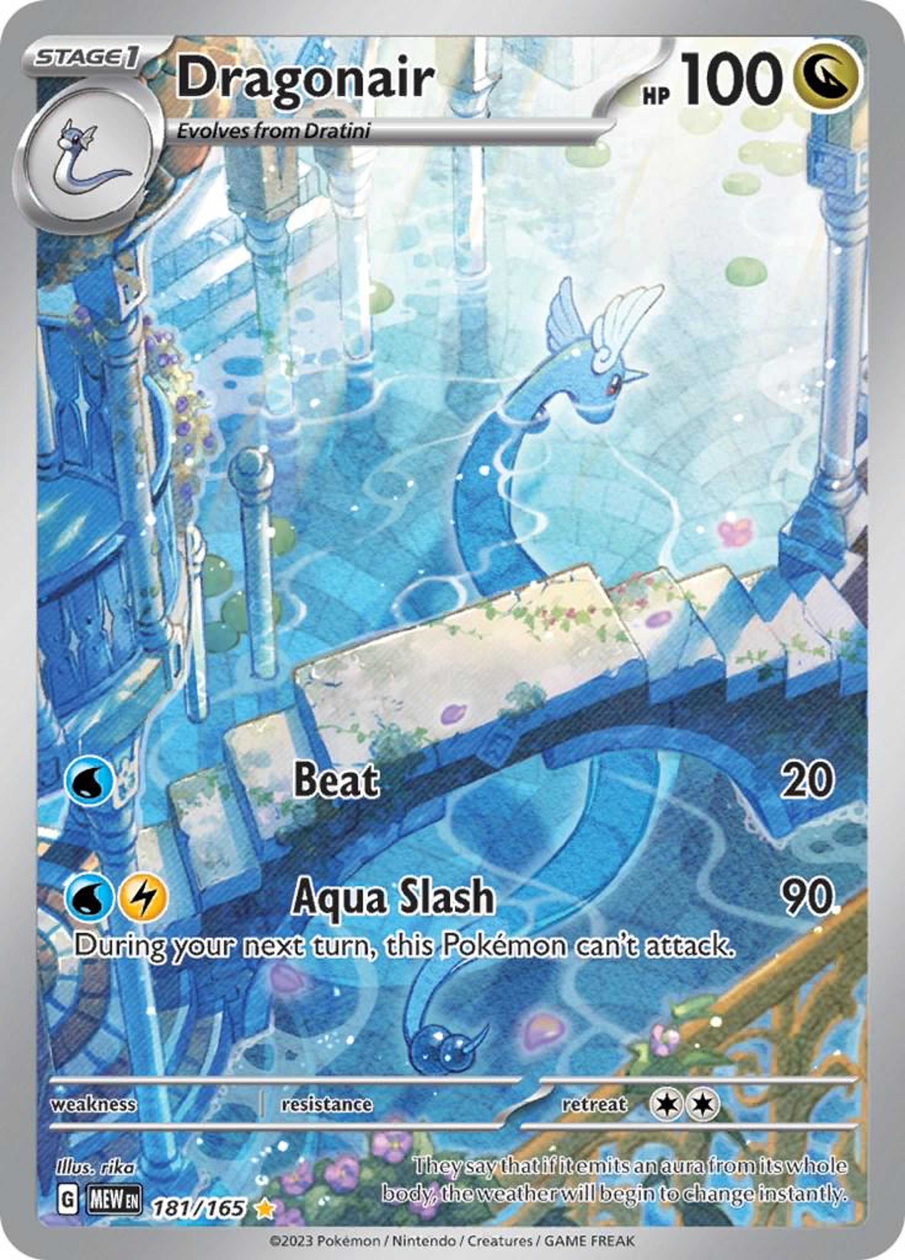 Dragonair 181/165 by rika: a blue Dragonair winding through flooded pale-blue ruins, half-submerged columns and steps, light falling from above.