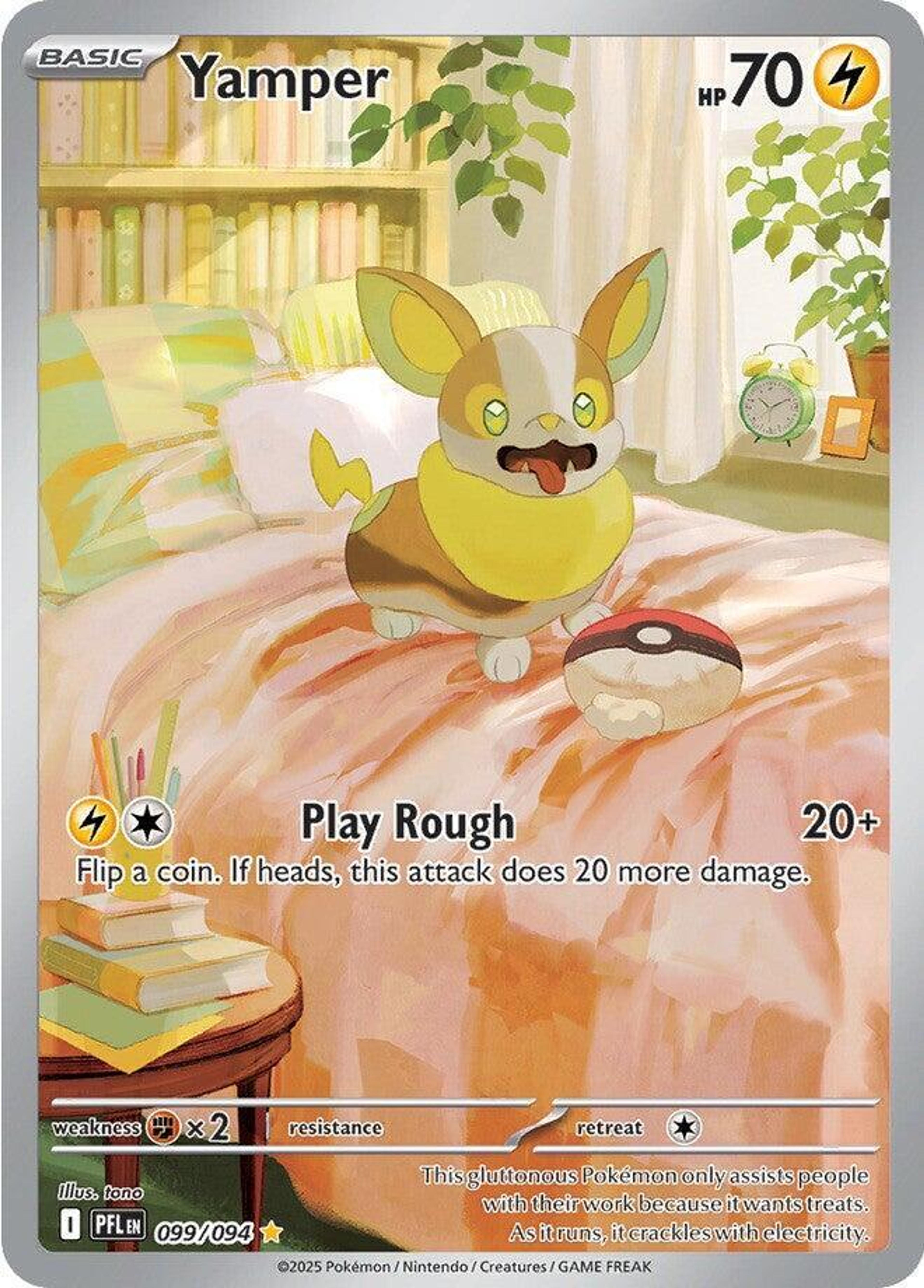 Yamper 099/094 illustrated by tono: Yamper standing on an unmade bed with its tongue out, next to a Poké Ball cushion, in a sunny bedroom.