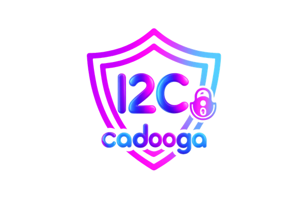 Neon-style Intend2Copyright (I2C) shield and lock badge with the Cadooga wordmark