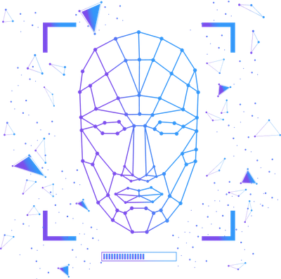 Facial recognition biometric scan illustration of a face with a mesh grid overlay