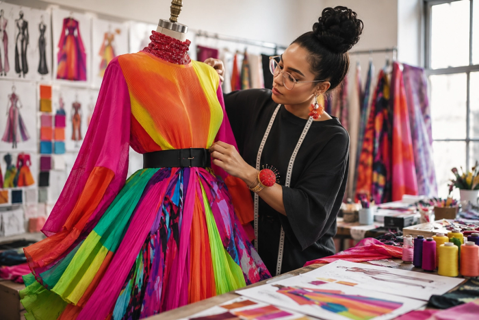 Fashion designer adjusting a colorful pleated dress on a mannequin in her studio