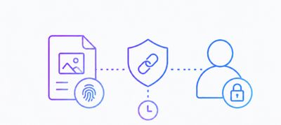 Illustration of a document and fingerprint connected through a shield to a protected user icon