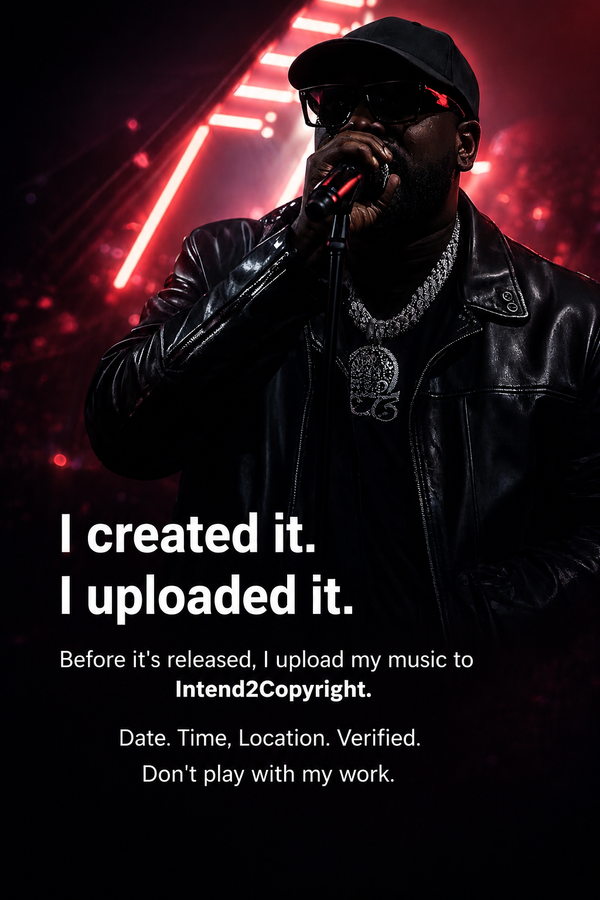 Musician performing on stage under red lights, with the quote 'I created it. I uploaded it.'