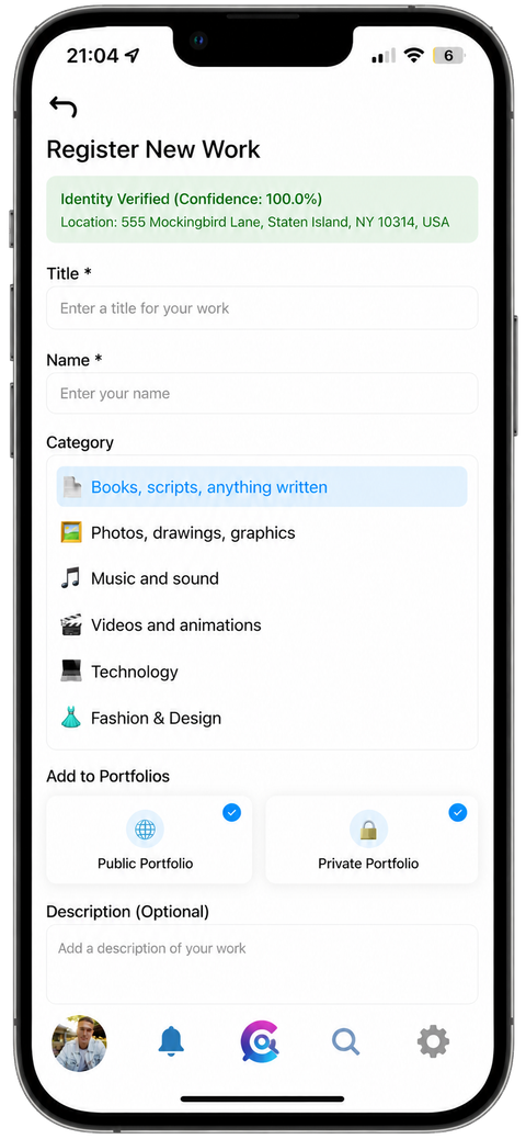 Smartphone screen showing the 'Register New Work' form with title, name, category, and portfolio visibility fields.