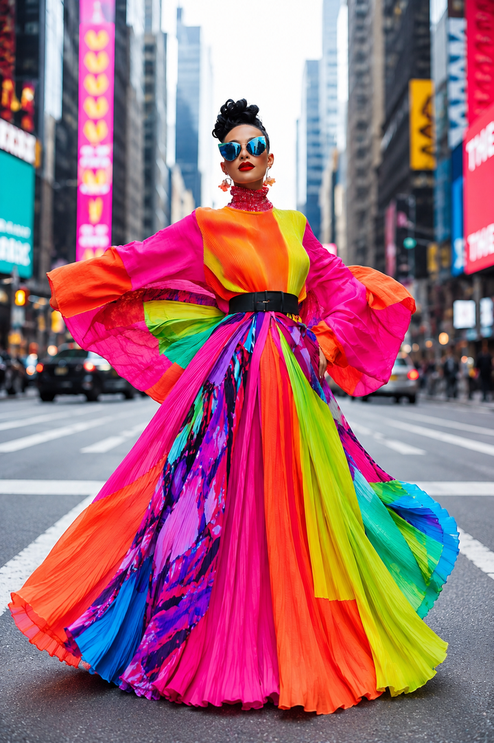 Woman in a vibrant multicolor designer gown standing in a city street