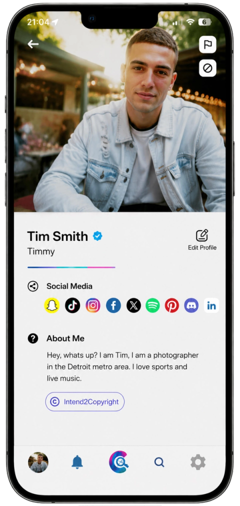 Cadooga app profile screen showing a user's photo, bio, social links, and Intend2Copyright badge