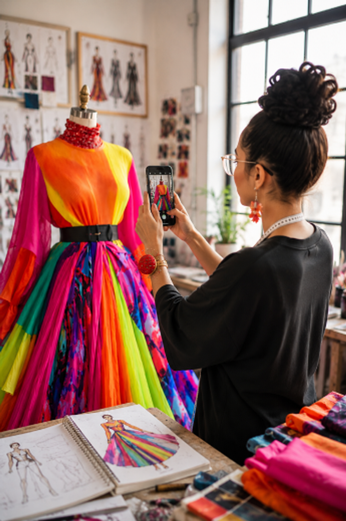 Fashion designer photographing a colorful dress on a mannequin with her phone
