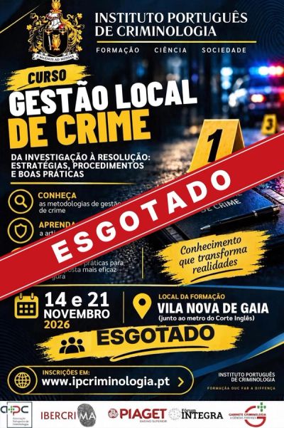 Cartaz do Curso de Gestão Local de Crime, a 14 e 21 de novembro de 2026 em Vila Nova de Gaia
