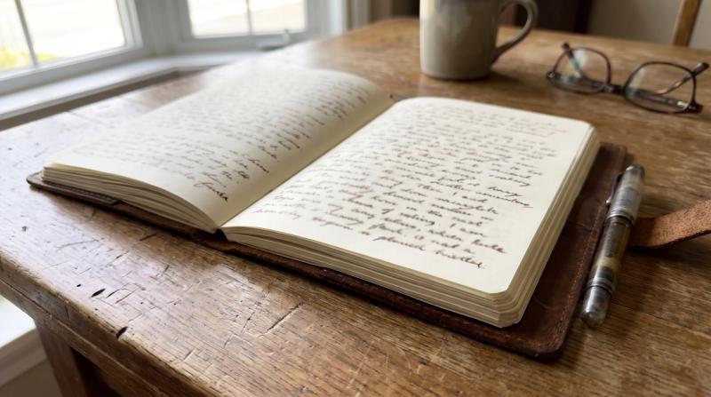 An open leather journal with handwritten pages on a wooden table