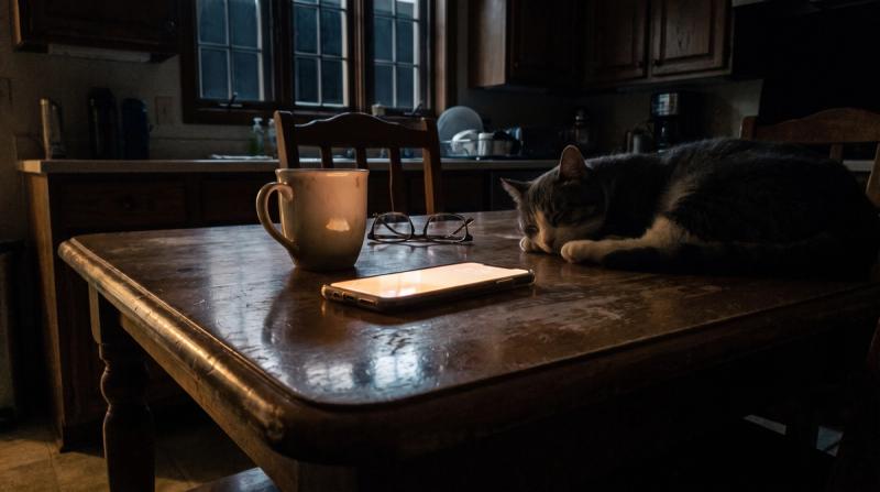 A quiet kitchen at night lit only by the glow of a phone on the table