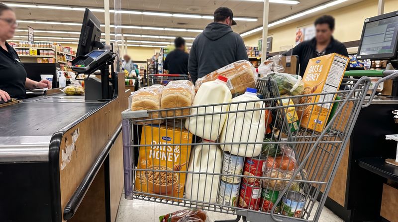 A grocery cart filled with modest store-brand groceries in a checkout lane