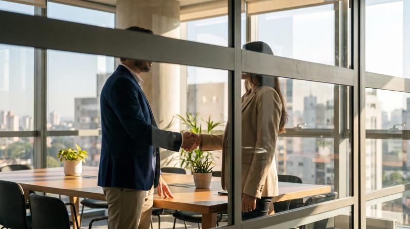 Two people shaking hands in a bright modern office by a window