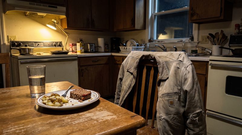 A modest kitchen table at night with a single plate of dinner and a work jacket over the chair