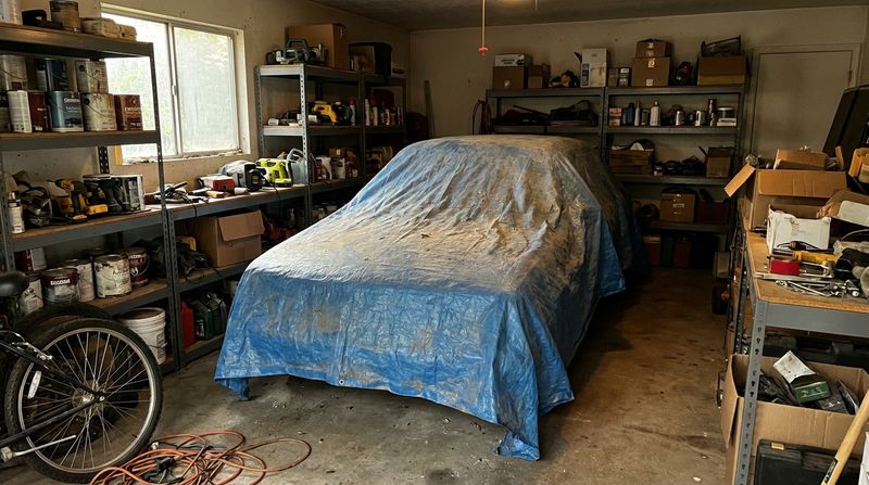 A shape covered by a faded blue tarp on the floor of a cluttered home garage