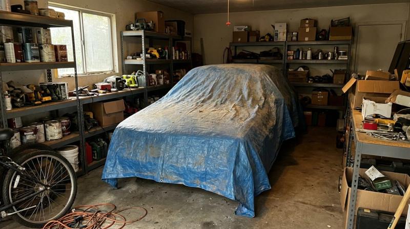 A shape covered by a faded blue tarp on the floor of a cluttered home garage
