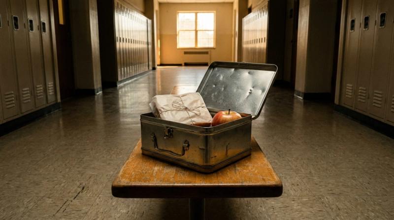 An old metal lunch pail open on a table with a wrapped sandwich inside, in a dim school hallway