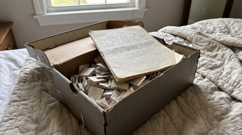 An old shoebox filled with folded handwritten notes and a lined list of names