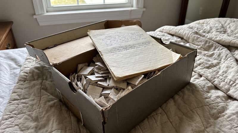 An old shoebox filled with folded handwritten notes and a lined list of names
