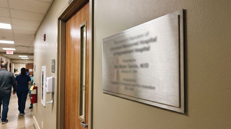 A brushed-metal donor plaque mounted on a hospital wall by an entrance