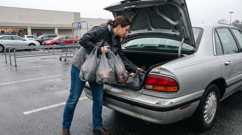 A woman loading grocery bags into the trunk of an older car in a store parking lot