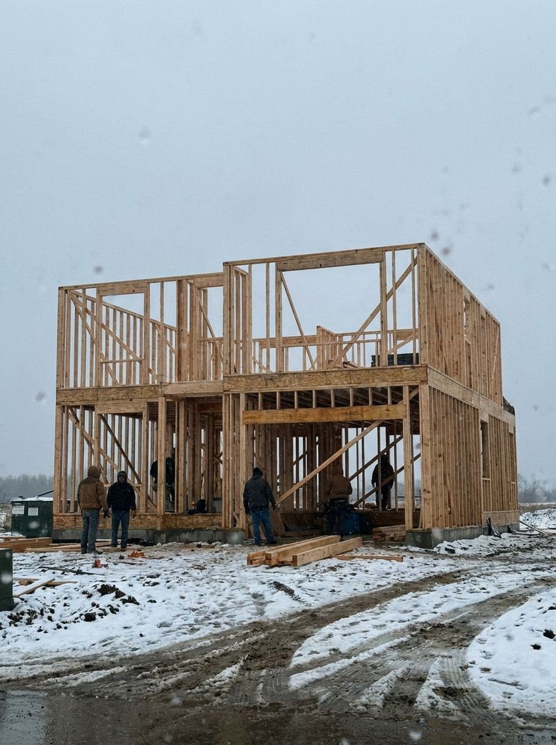 The wooden frame of a house under construction against a gray winter sky