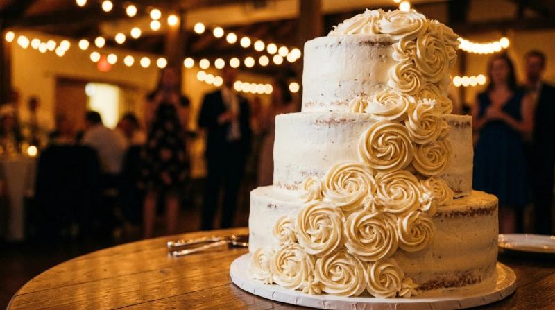 A tall white tiered wedding cake decorated with buttercream roses on a reception table