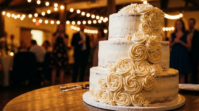 A tall white tiered wedding cake decorated with buttercream roses on a reception table