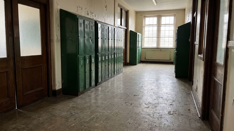 An empty 1980s British school corridor with rows of metal lockers