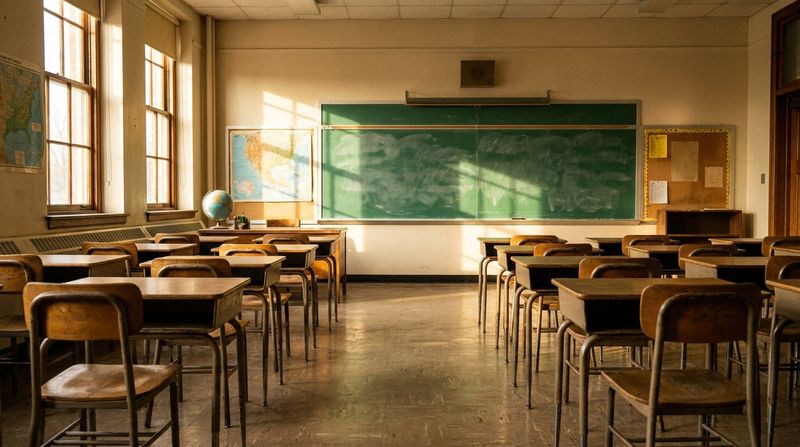 An empty vintage elementary classroom with a chalkboard and rows of small wooden desks, warm afternoon light