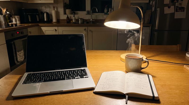 A laptop and notebook on a kitchen table at night
