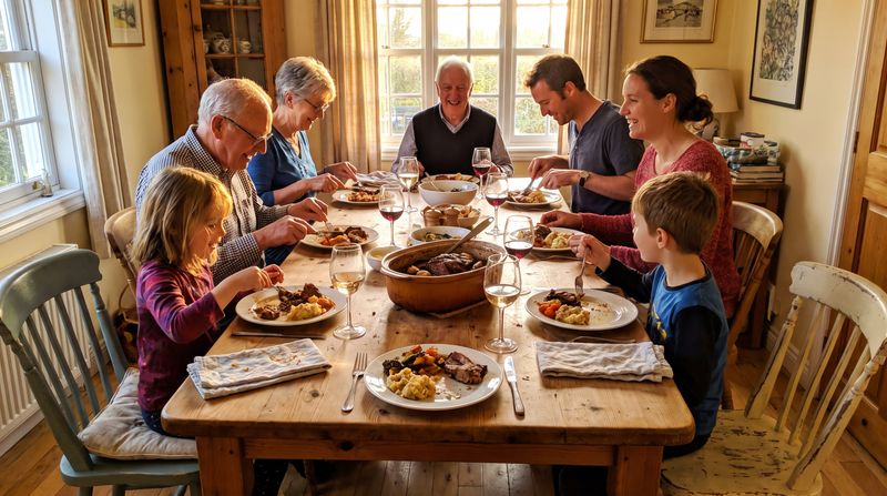 A warm family dinner table set for a Sunday meal with a pot roast in the center, evening light