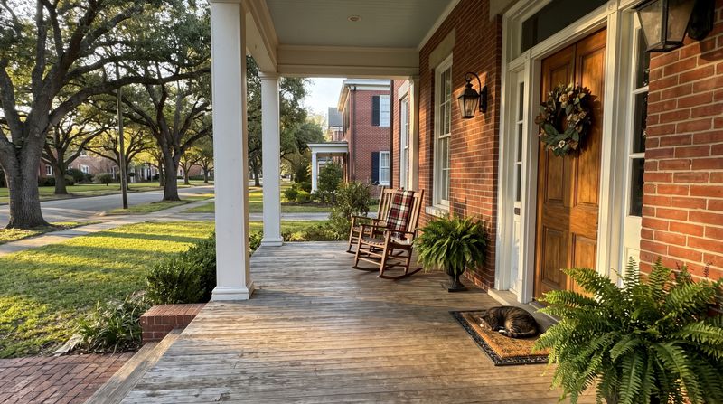The front porch and door of a large brick house on a tree-lined street