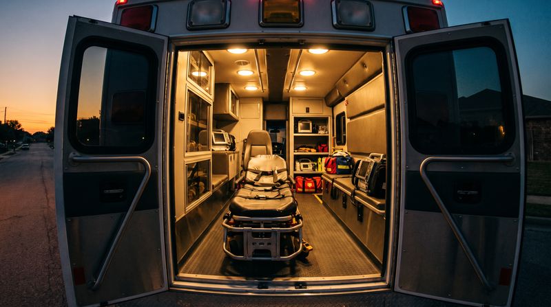 The open back doors of an ambulance with medical equipment inside
