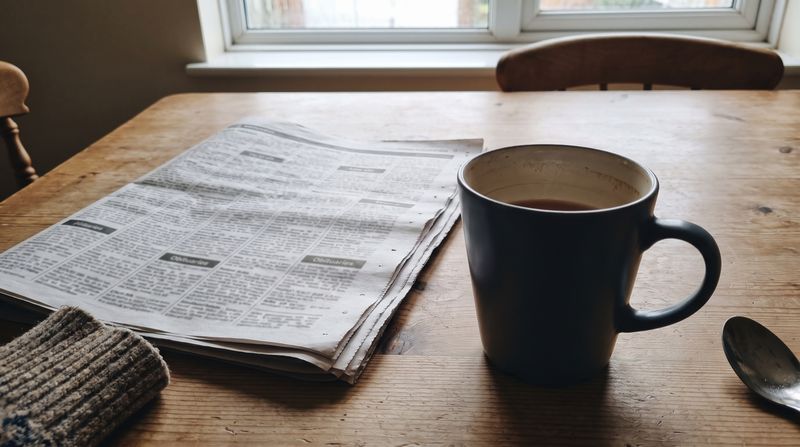 A folded local newspaper open to the obituaries page beside a cup of tea
