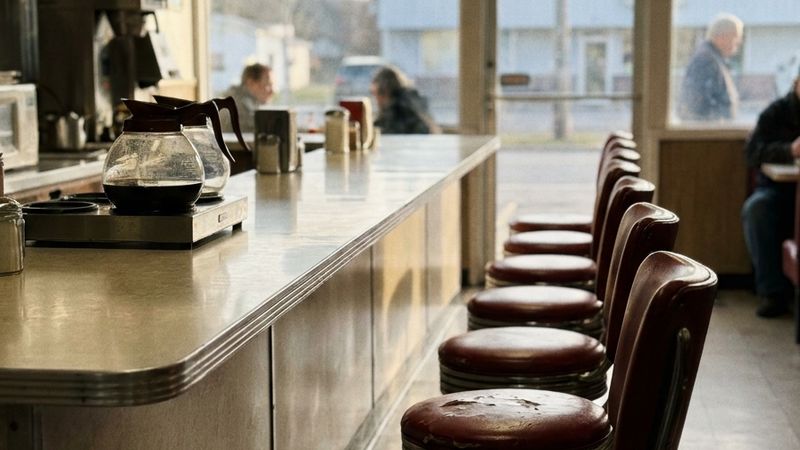The counter of a small American diner at dawn, worn red stools and coffee pots in soft morning light