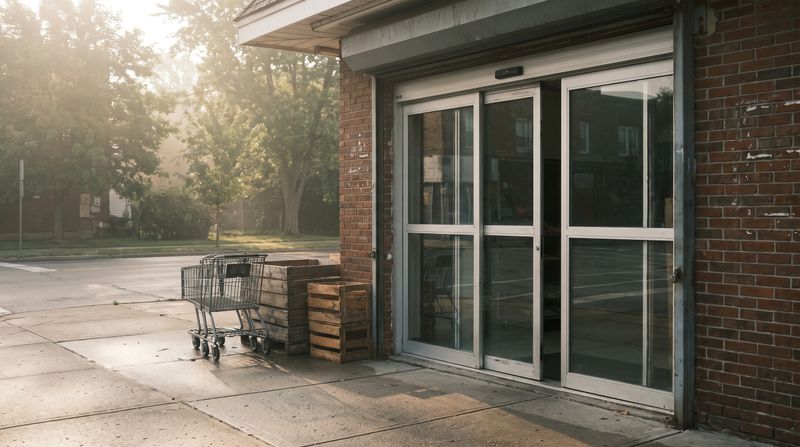 The front entrance of a neighborhood grocery store on a quiet morning