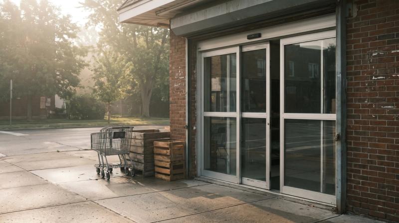 The front entrance of a neighborhood grocery store on a quiet morning