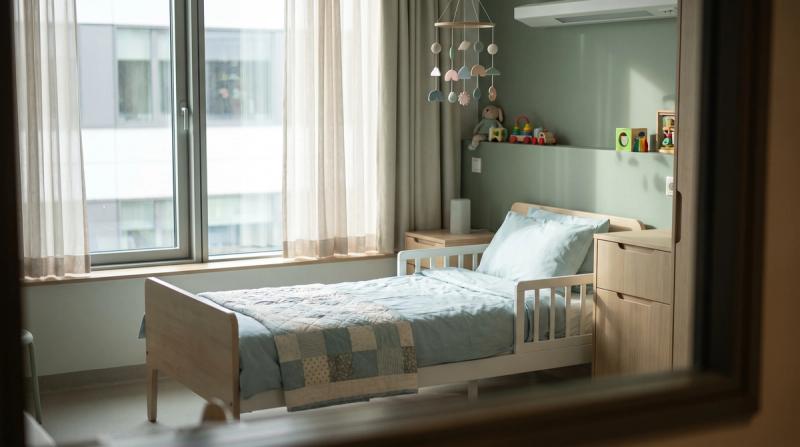 An empty pediatric hospital room with a small bed and a window in soft daylight
