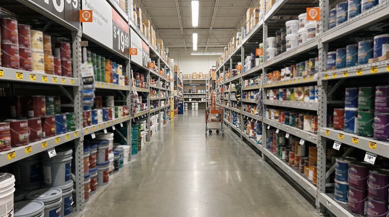 An empty hardware store aisle lined with cans of paint under fluorescent light