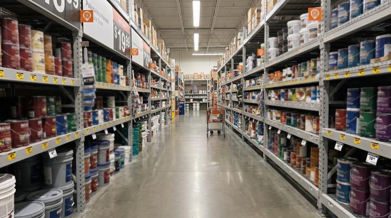 An empty hardware store aisle lined with cans of paint under fluorescent light
