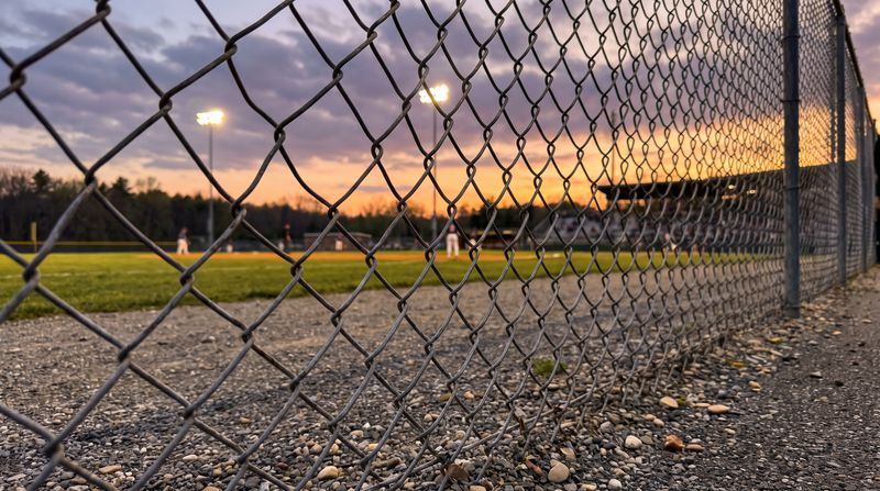 A baseball field seen through a chain-link outfield fence from a gravel road at dusk
